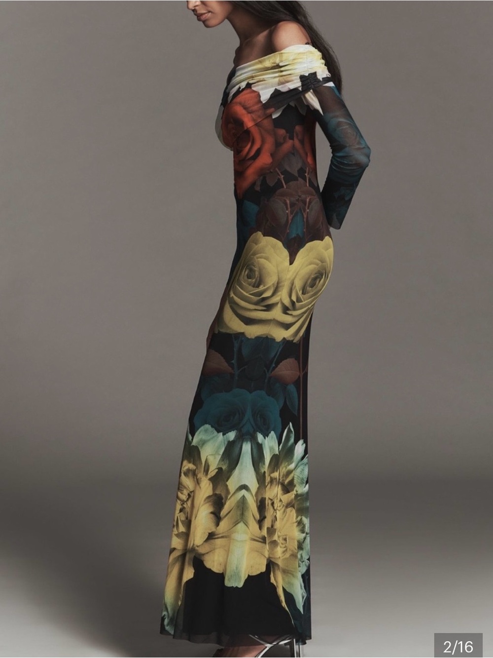 Anthropologie Off-Shoulder Maxi Dress in Black, Yellow, Teal, Red